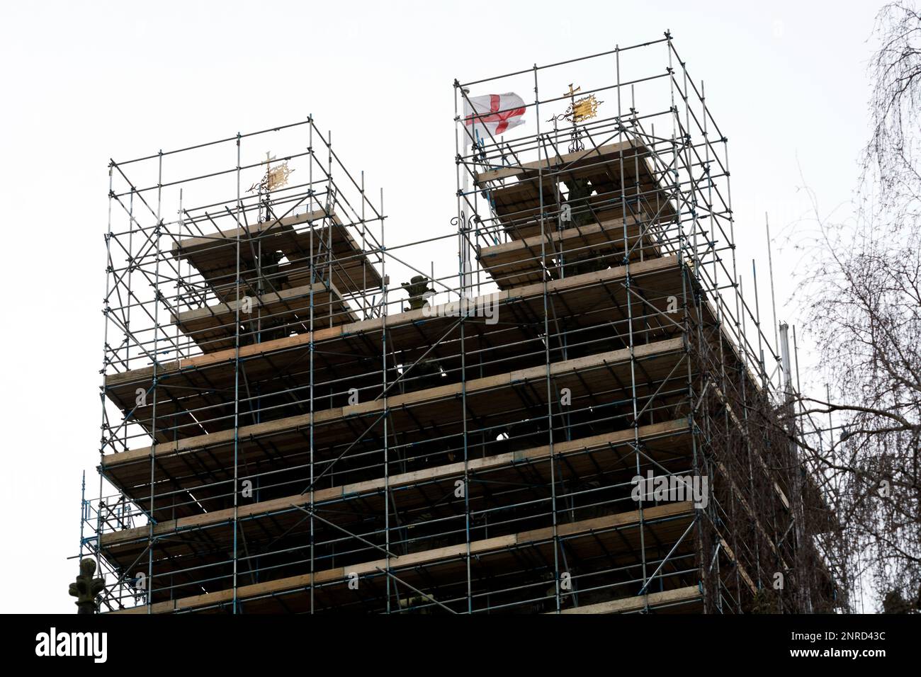 Scaffolding on St. Mary`s Church, Warwick, Warwickshire, England, UK Stock Photo